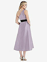 Rear View Thumbnail - Lilac Haze & Black One-Shoulder Bow-Waist Midi Dress with Pockets