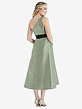 Rear View Thumbnail - Sage & Black One-Shoulder Bow-Waist Midi Dress with Pockets