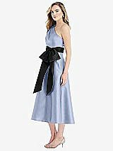 Side View Thumbnail - Sky Blue & Black One-Shoulder Bow-Waist Midi Dress with Pockets