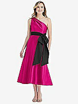 Front View Thumbnail - Think Pink & Black One-Shoulder Bow-Waist Midi Dress with Pockets