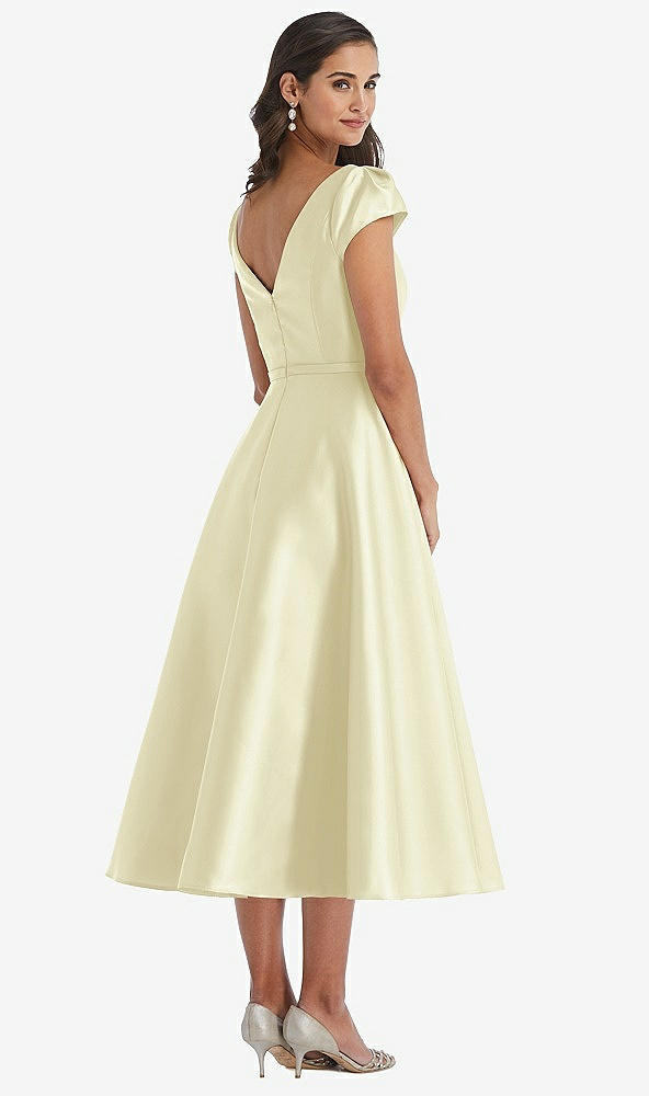 Back View - Butter Yellow Puff Sleeve Bow-Waist Full Skirt Satin Midi Dress