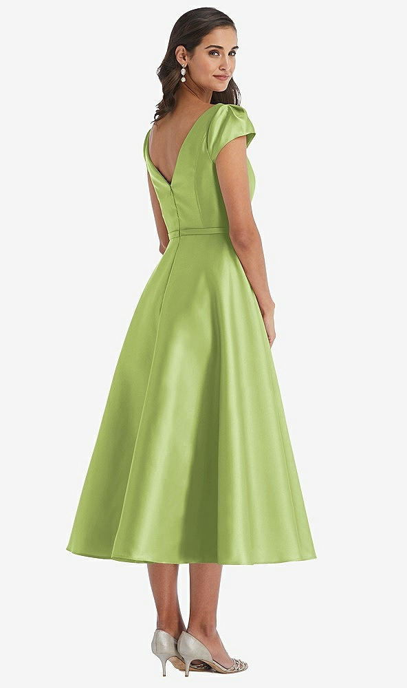 Back View - Mojito Puff Sleeve Bow-Waist Full Skirt Satin Midi Dress