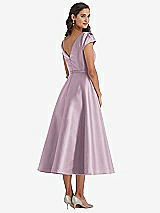Rear View Thumbnail - Suede Rose Puff Sleeve Bow-Waist Full Skirt Satin Midi Dress