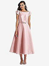 Side View Thumbnail - Ballet Pink Puff Sleeve Bow-Waist Full Skirt Satin Midi Dress