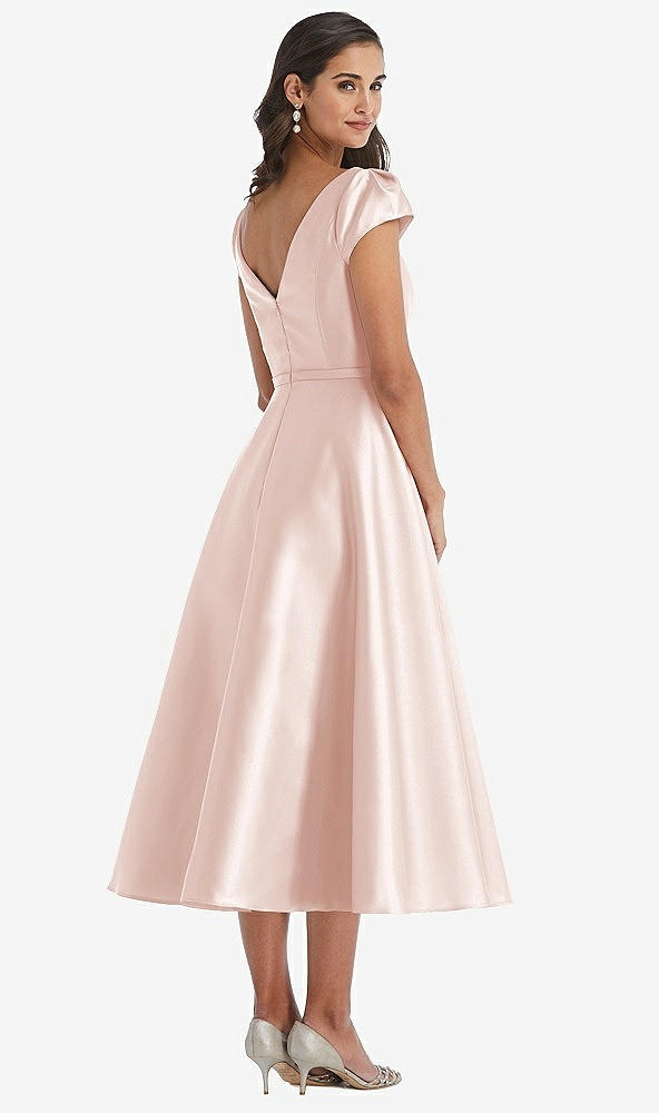 Back View - Blush Puff Sleeve Bow-Waist Full Skirt Satin Midi Dress