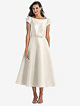 Side View Thumbnail - Ivory Puff Sleeve Bow-Waist Full Skirt Satin Midi Dress