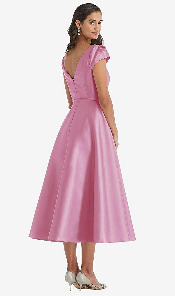 Back View - Powder Pink Puff Sleeve Bow-Waist Full Skirt Satin Midi Dress