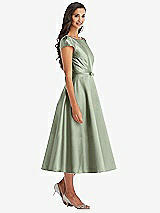 Front View Thumbnail - Sage Puff Sleeve Bow-Waist Full Skirt Satin Midi Dress