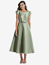 Side View Thumbnail - Sage Puff Sleeve Bow-Waist Full Skirt Satin Midi Dress