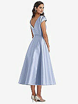 Rear View Thumbnail - Sky Blue Puff Sleeve Bow-Waist Full Skirt Satin Midi Dress