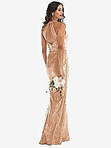 Rear View Thumbnail - Copper Rose Halter Wrap Sequin Trumpet Gown with Front Slit