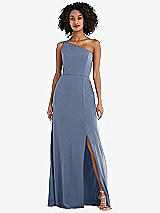 Alt View 1 Thumbnail - Larkspur Blue Skinny One-Shoulder Trumpet Gown with Front Slit