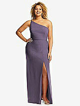 Front View Thumbnail - Lavender Skinny One-Shoulder Trumpet Gown with Front Slit