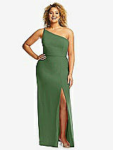 Front View Thumbnail - Vineyard Green Skinny One-Shoulder Trumpet Gown with Front Slit