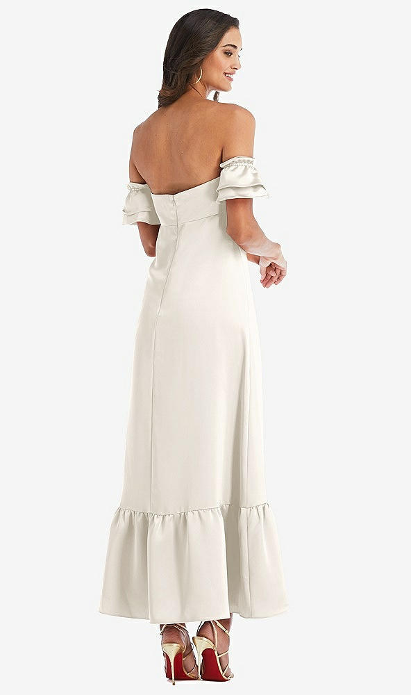 Back View - Ivory Ruffled Off-the-Shoulder Tiered Cuff Sleeve Midi Dress