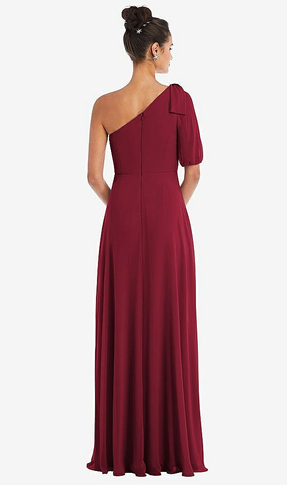 Back View - Burgundy Bow One-Shoulder Flounce Sleeve Maxi Dress