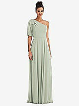 Front View Thumbnail - Celadon Bow One-Shoulder Flounce Sleeve Maxi Dress