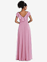 Rear View Thumbnail - Powder Pink Ruffle-Trimmed V-Back Chiffon Maxi Dress