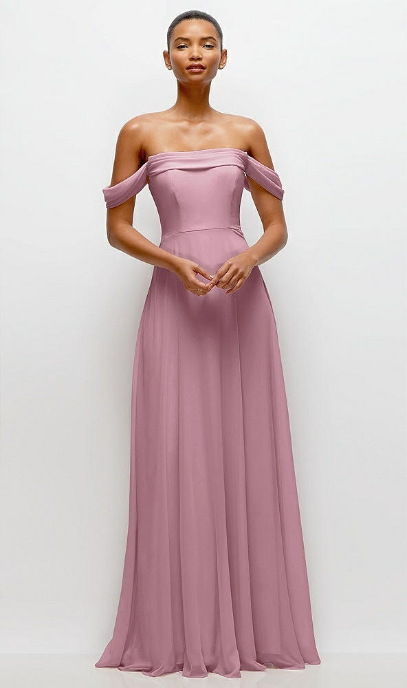 Front View - Dusty Pink Off-the-Shoulder Draped Neckline Maxi Dress