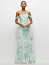 Front View Thumbnail - Mint Green Floral Off-the-Shoulder Draped Neckline Maxi Dress