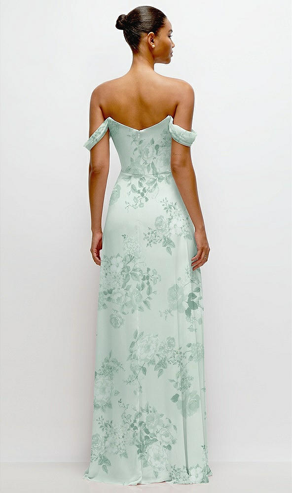 Back View - Mint Green Floral Off-the-Shoulder Draped Neckline Maxi Dress