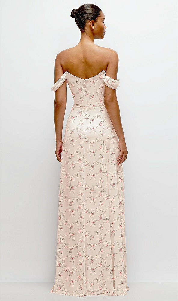 Back View - Coquette Floral Print Off-the-Shoulder Draped Neckline Maxi Dress