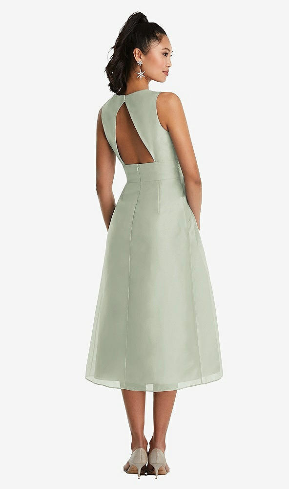 Back View - Celadon Bateau Neck Open-Back Pleated Skirt Midi Dress