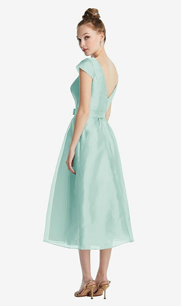 Back View - Coastal Cap Sleeve Pleated Skirt Midi Dress with Bowed Waist