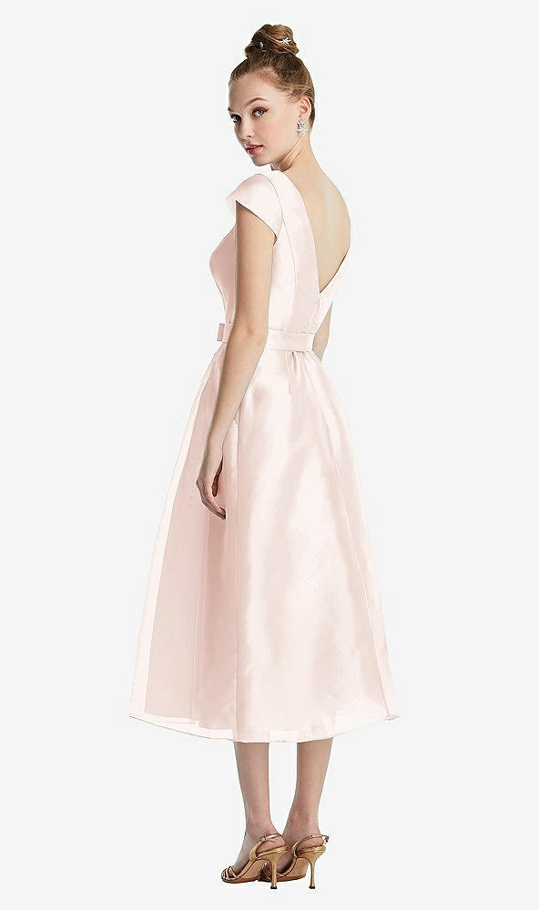 Back View - Blush Cap Sleeve Pleated Skirt Midi Dress with Bowed Waist