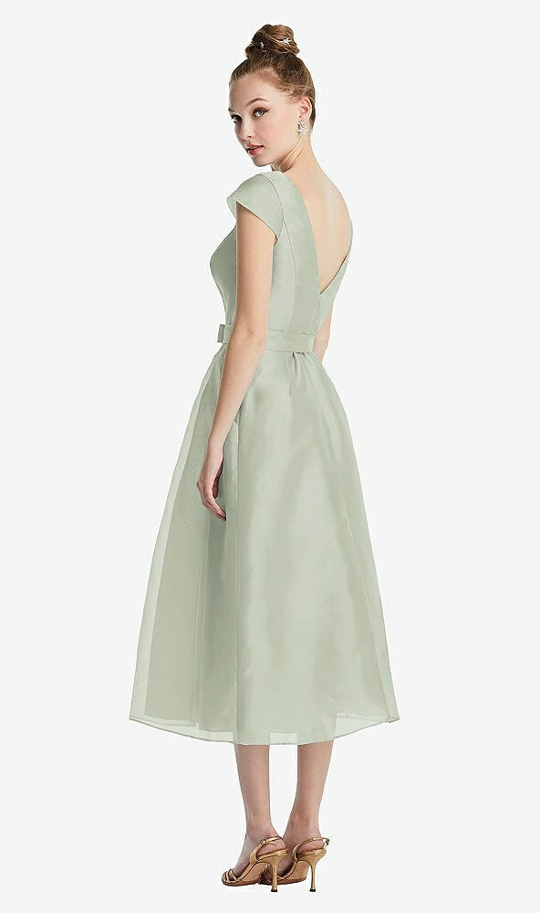 Back View - Celadon Cap Sleeve Pleated Skirt Midi Dress with Bowed Waist