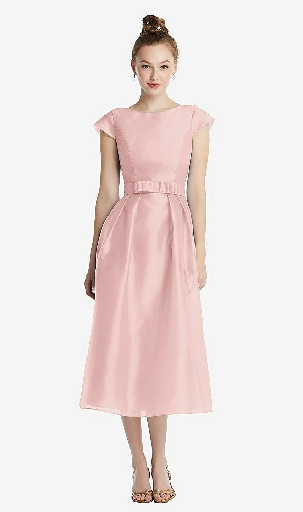 Front View - Rose Cap Sleeve Pleated Skirt Midi Dress with Bowed Waist