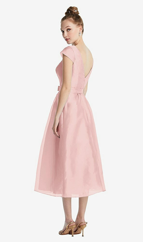 Back View - Rose Cap Sleeve Pleated Skirt Midi Dress with Bowed Waist