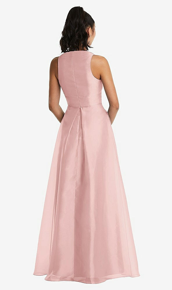 Back View - Rose Plunging Neckline Pleated Skirt Maxi Dress with Pockets