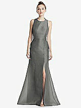Rear View Thumbnail - Charcoal Gray Bateau Neck Open-Back Maxi Dress with Bow Detail