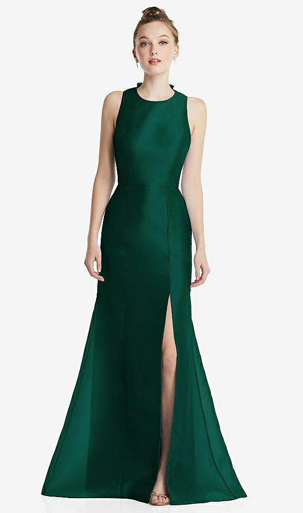 Back View - Hunter Green Bateau Neck Open-Back Maxi Dress with Bow Detail