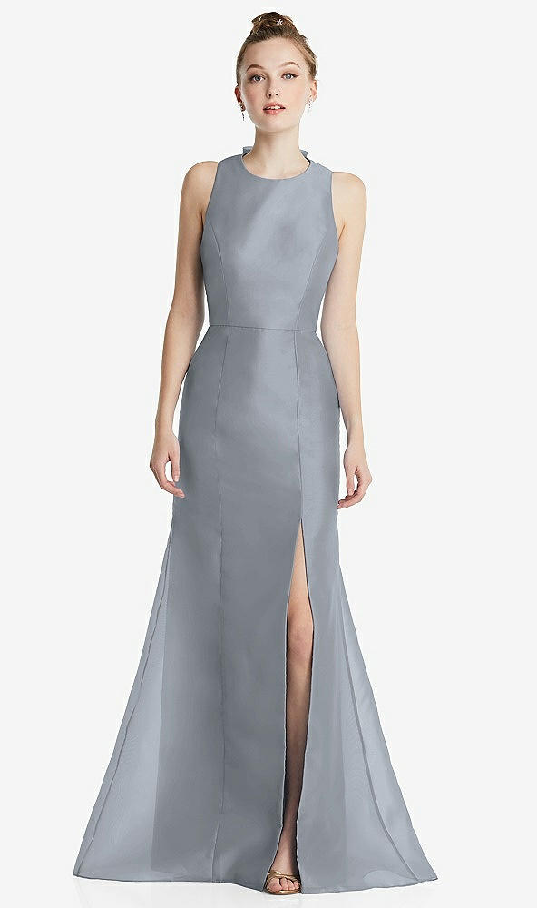 Back View - Platinum Bateau Neck Open-Back Maxi Dress with Bow Detail