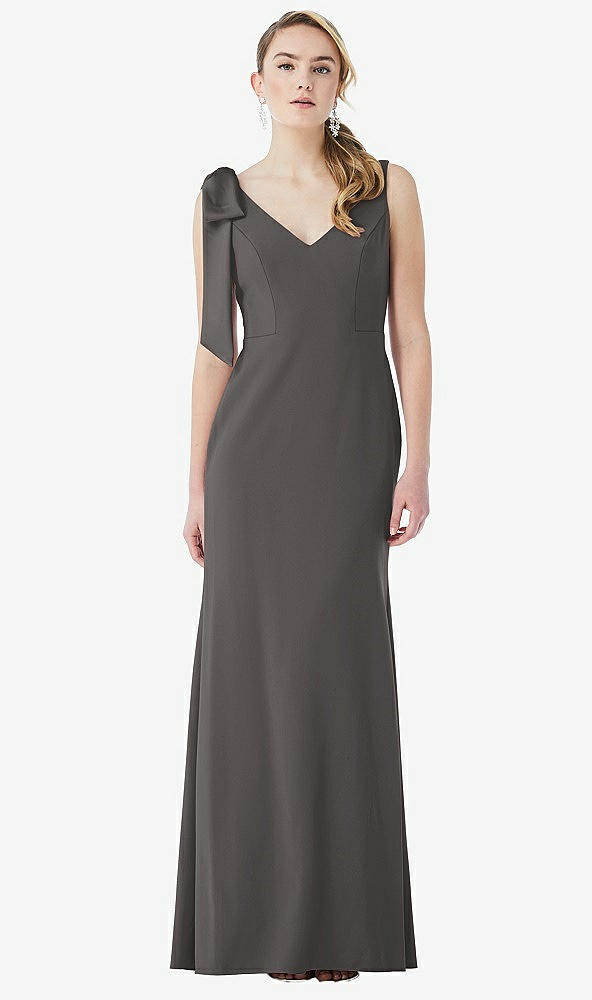 Front View - Caviar Gray Bow-Shoulder V-Back Trumpet Gown