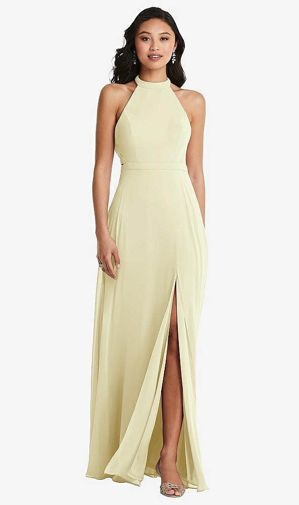 Back View - Butter Yellow Stand Collar Halter Maxi Dress with Criss Cross Open-Back