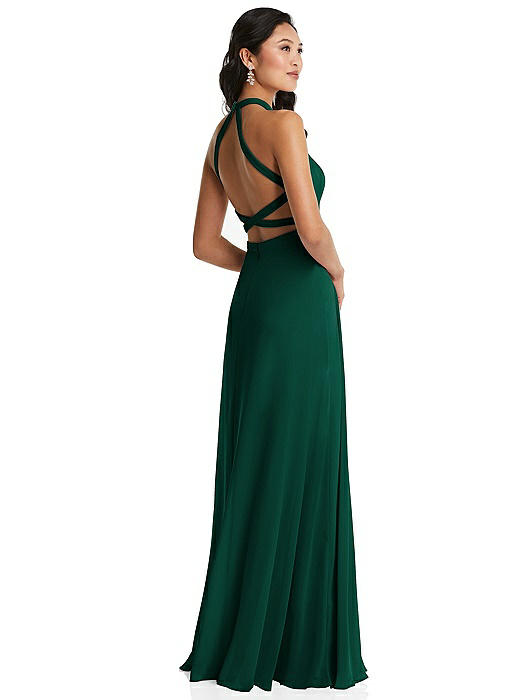 Stand Collar Halter Maxi Dress with Criss Cross Open-Back