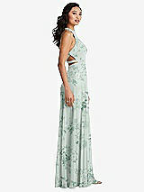 Side View Thumbnail - Mint Green Floral Stand Collar Halter Maxi Dress with Criss Cross Open-Back