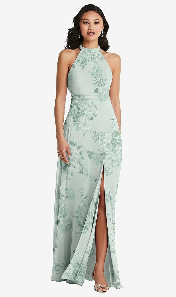 Back View - Mint Green Floral Stand Collar Halter Maxi Dress with Criss Cross Open-Back