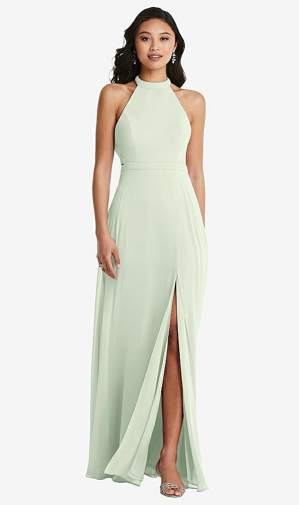 Back View - Mint Green Stand Collar Halter Maxi Dress with Criss Cross Open-Back