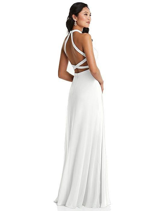 Stand Collar Halter Maxi Dress with Criss Cross Open-Back