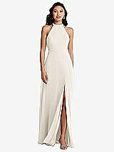 Rear View Thumbnail - Ivory Stand Collar Halter Maxi Dress with Criss Cross Open-Back