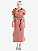 Front View Thumbnail - Desert Rose Cowl-Neck Kimono Sleeve Midi Dress with Bowed Sash