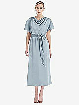 Front View Thumbnail - Mist Cowl-Neck Kimono Sleeve Midi Dress with Bowed Sash