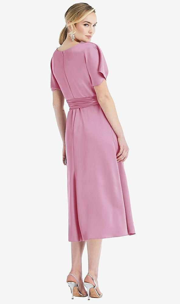 Back View - Powder Pink Cowl-Neck Kimono Sleeve Midi Dress with Bowed Sash
