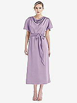 Front View Thumbnail - Pale Purple Cowl-Neck Kimono Sleeve Midi Dress with Bowed Sash