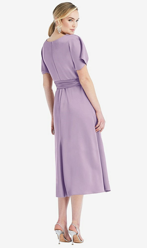 Back View - Pale Purple Cowl-Neck Kimono Sleeve Midi Dress with Bowed Sash