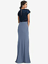 Rear View Thumbnail - Larkspur Blue & Midnight Navy Soft Bow Blouson Bodice Trumpet Gown